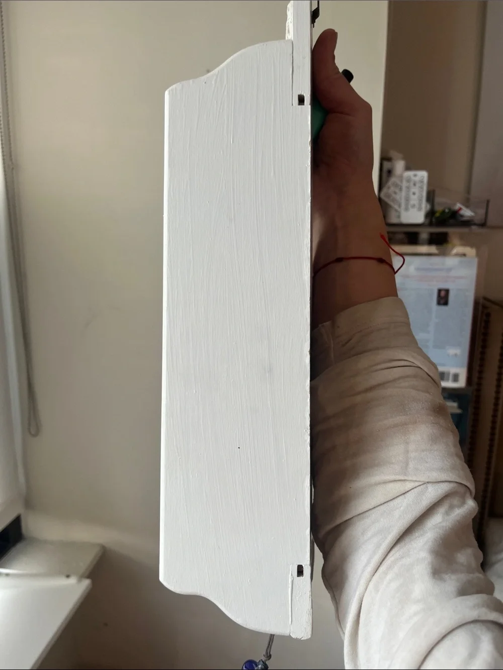 Off White / cream painted decorative Wood Wall Shelf w hooks -